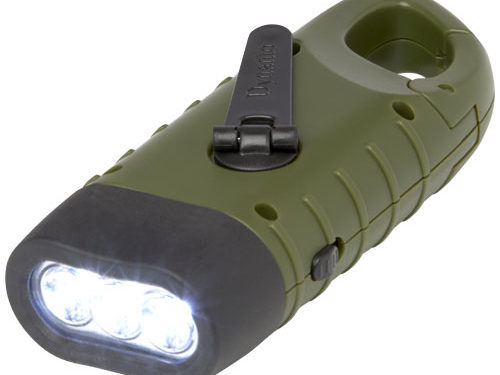 Lampe de poche dynamo solaire Helios en plastique recyclé avec mousqueton