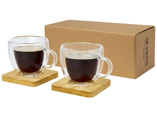 Tasse Manti 2 pièces en verre à double paroi de 100 ml avec sous-verre en bambou