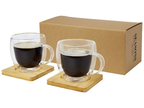 Tasse Manti 2 pièces en verre à double paroi de 250 ml avec sous-verre en bambou