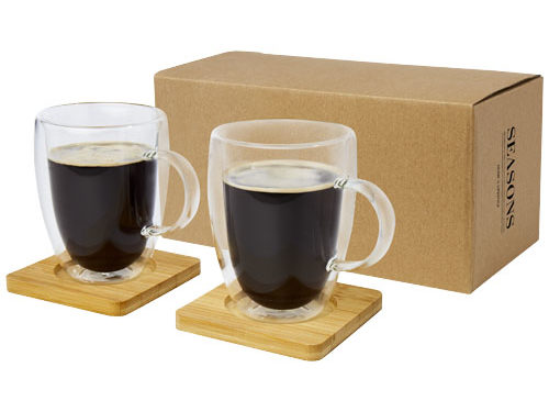 Tasse 2 pièces Manti de 350 ml à double paroi en verre avec sous-verre en bambou