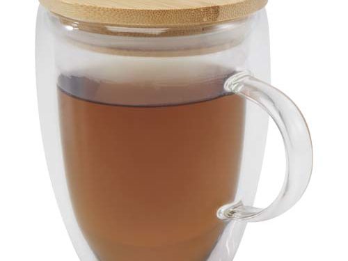 Tasse en verre Leona de 350 ml avec couvercle en bambou