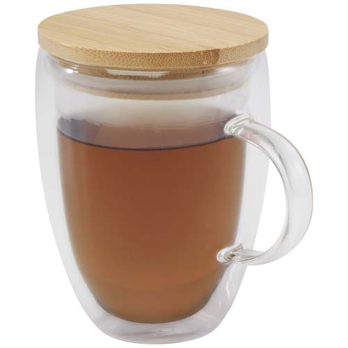Tasse en verre Leona de 350 ml avec couvercle en bambou