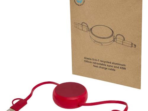 Câble rétractable 5 en 1 Alasia de 100 cm en plastique recyclé et aluminium pour la synchronisation des données et la charge