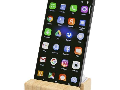 Support de téléphone Algol avec jouet fidget en plastique recyclé et détails en bambou