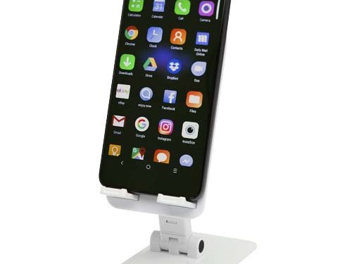 Support de téléphone Alhena pliable en plastique recyclé avec support de bureau en métal