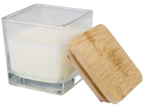Bougie carrée Ambra en verre avec couvercle en bambou