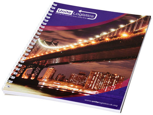 Carnet de notes à spirales A4 Desk-Mate® avec couverture arrière imprimée