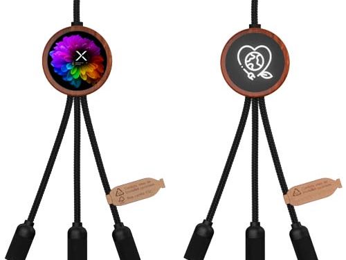 Câble de charge 5-en-1 SCX.design C37 en rPET avec logo lumineux et boîtier rond en bois de 40 W