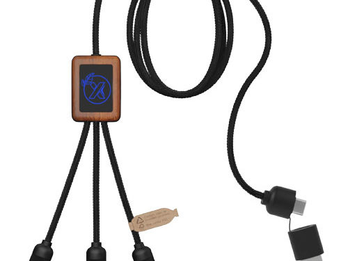 Câble de charge 5-en-1 SCX.design C38 en rPET avec logo lumineux et boîtier carré en bois de 40 W