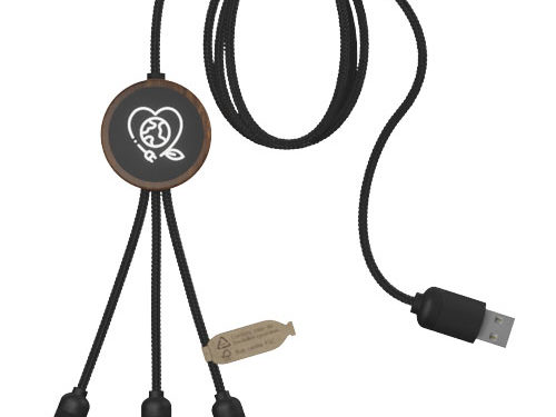 Câble de charge 3-en-1 SCX.design C36 en rPET  avec logo lumineux et boîtier rond en bois