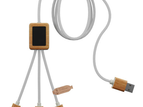 Câble de charge 3-en-1 SCX.design C39 en rPET avec logo lumineux et boîtier carré en bambou